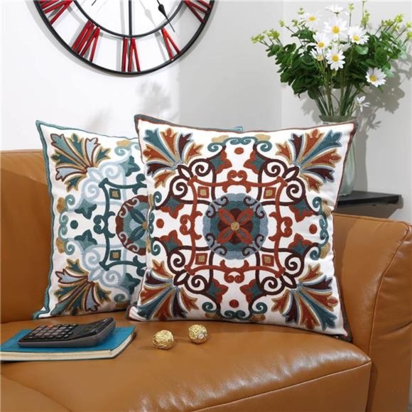 Throw Pillow Cover 18x18inch Pack of 1Embroidered Pattern 100% Cotton Decorative - Picture 4 of 6